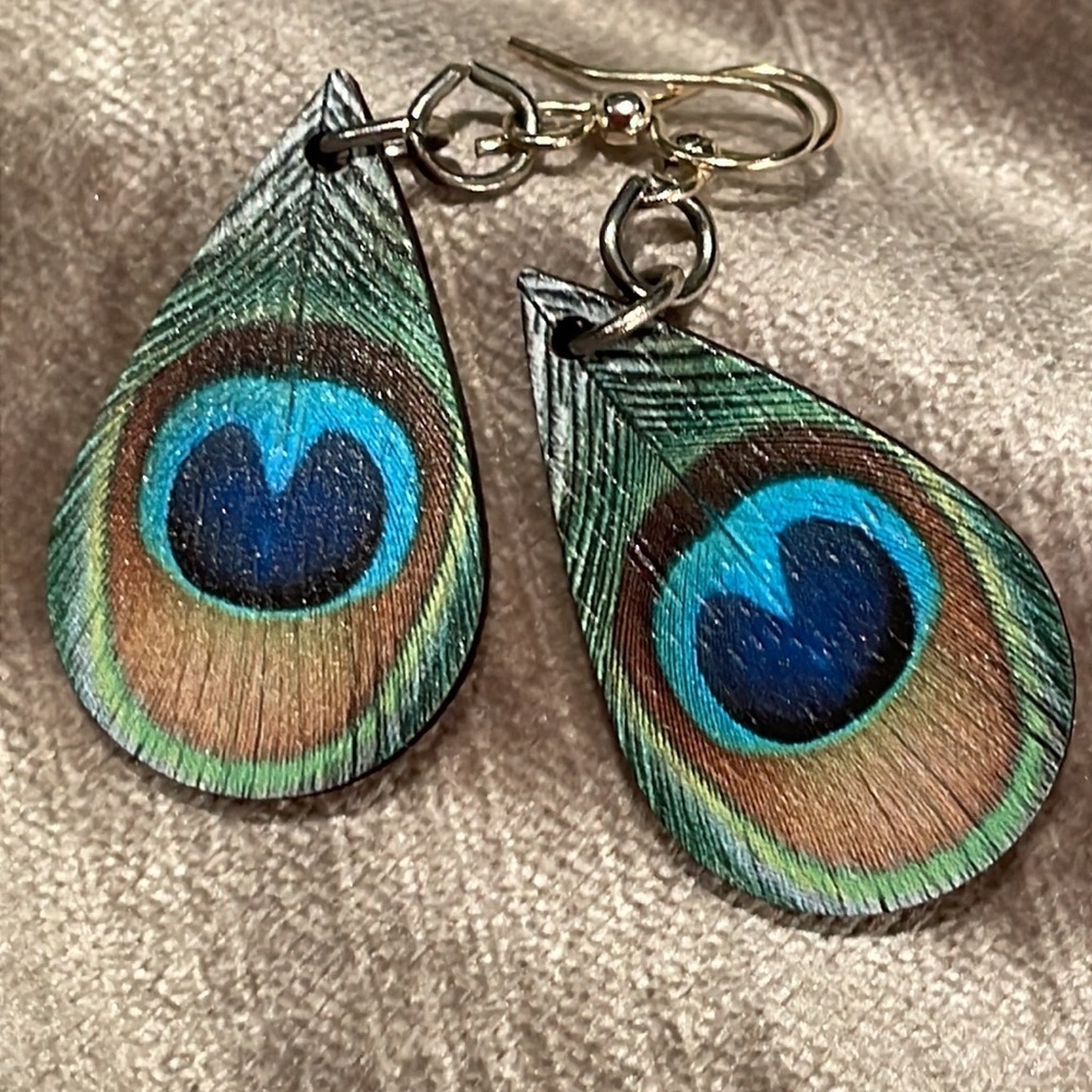 Peacock Earrings Lightweight Wood French Hook Backs